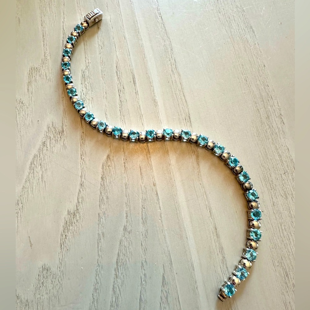 Vintage 925 Sterling Silver CI Signed Genuine Blue Topaz Tennis Bracelet 7.5"